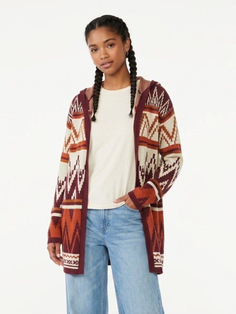 Derek Heart Cardigan Sweater Rust Aztec Southwestern Boho Hooded 3X
